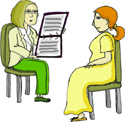 Ilustração de uma conselheira genética e uma paciente a reverem um relatório médico.