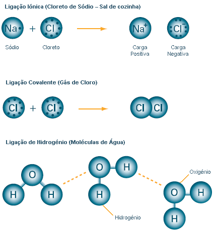 Illustrations of ionic bond, covalent bond and hydrogen bond.