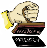 Ilustração de uma mão a segurar um carimbo onde se lê "Patent No."